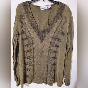 Olive Green Embroidered V-Neck Tunic Top Boho Free People Style XL